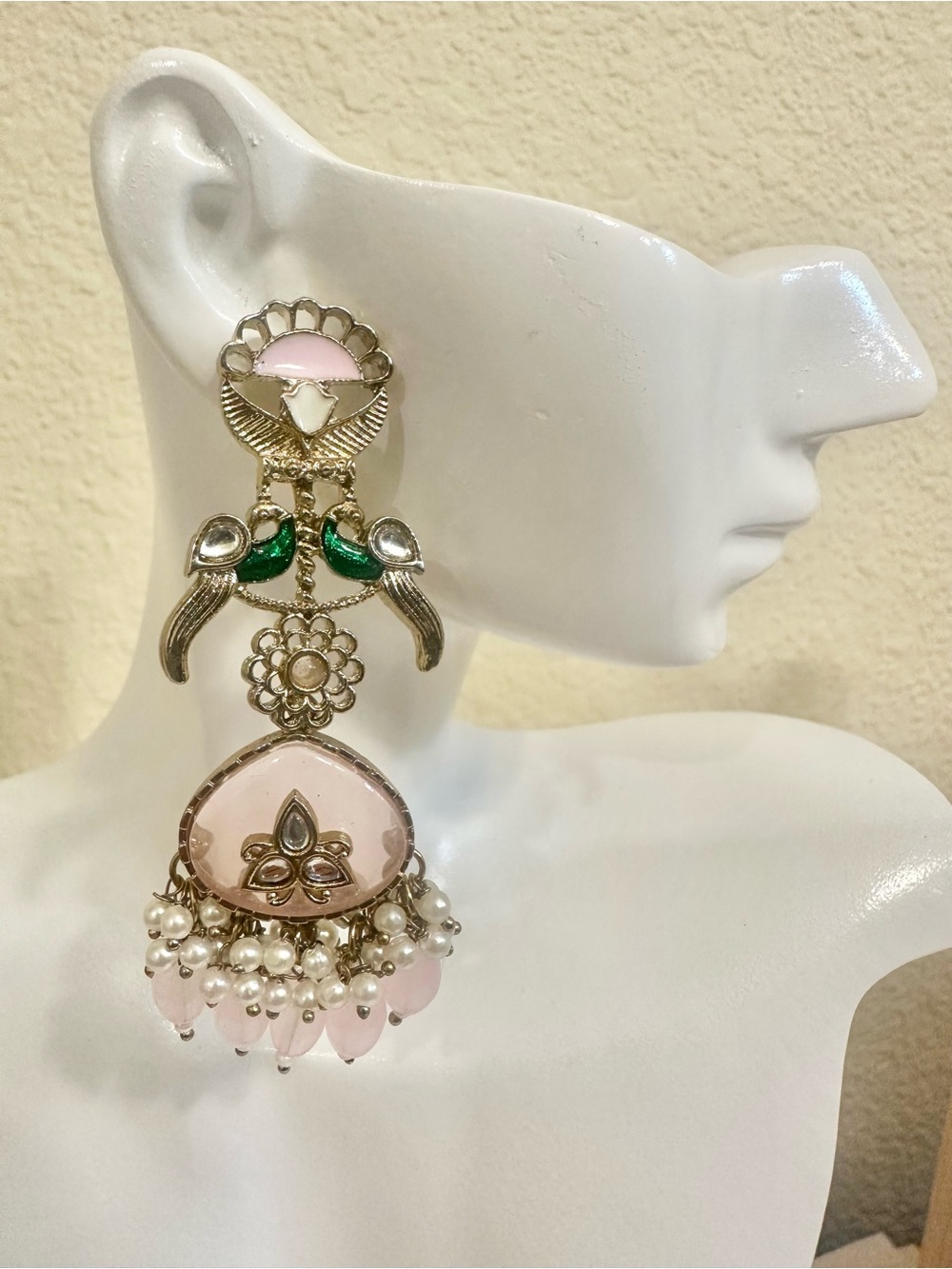 Gold-Plated Pink and Green Kundan Drop Earrings with Pearl Fringe